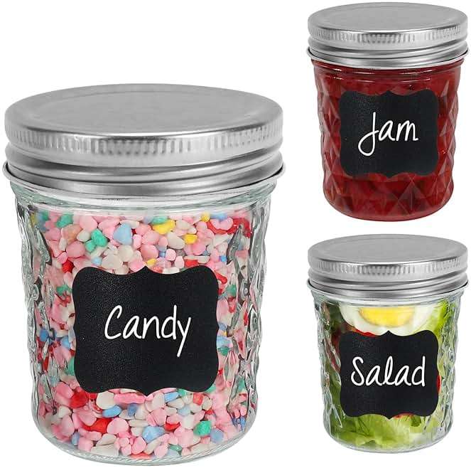 Small Mason Jars 6 oz with Airtight Silver Lids,12 Pack 200ml Glass Diamond Canning Jar,Wide Mouth Jam Jars for Jelly,Salad,Preserving,Fermenting,Wedding Favors(Labels and Chalk Marker Included) - Image 5