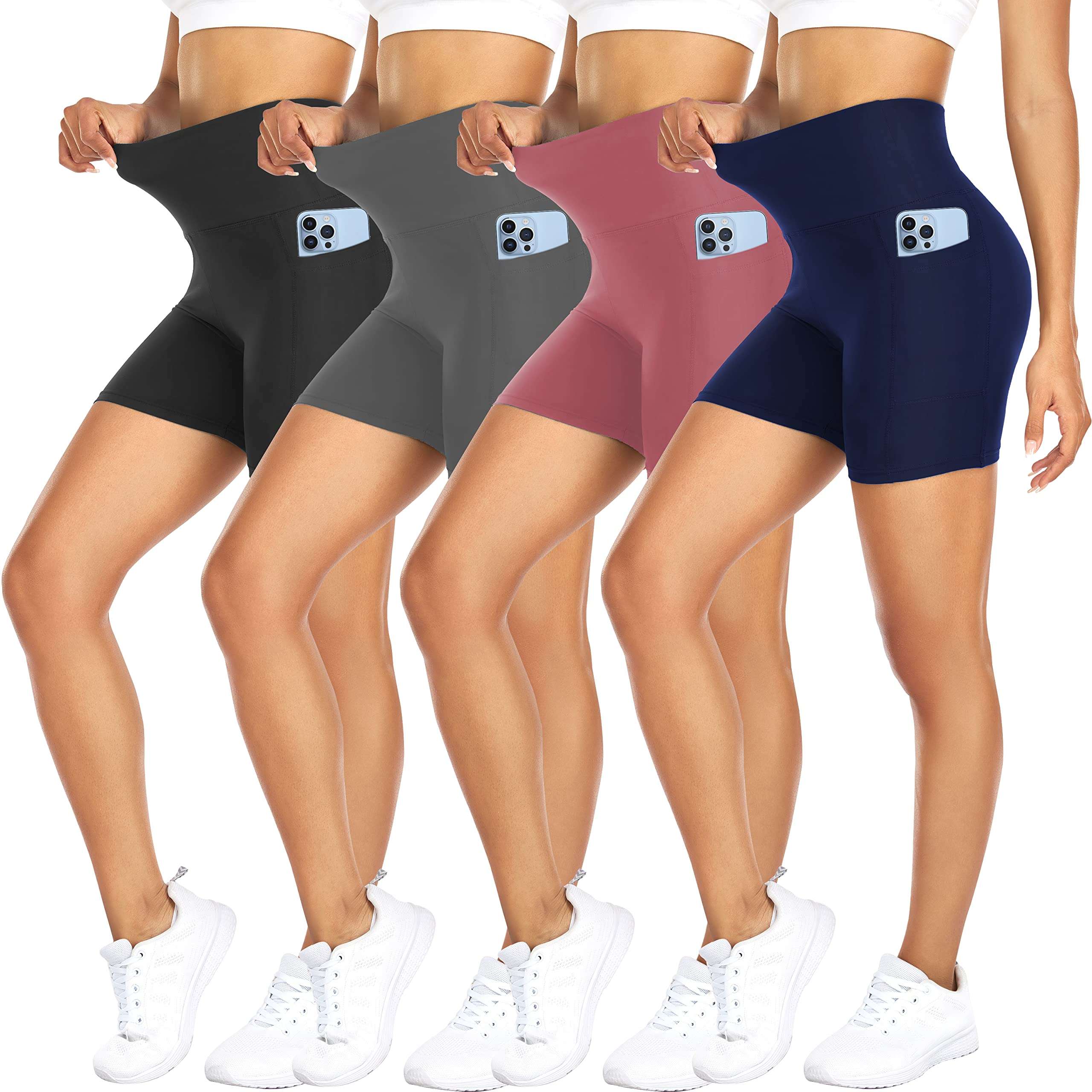 FULLSOFT 4 Pack Biker Shorts for Women with Pockets – 5" High Waisted Tummy Control Workout Yoga Running Gym Tennis Shorts - Image 1