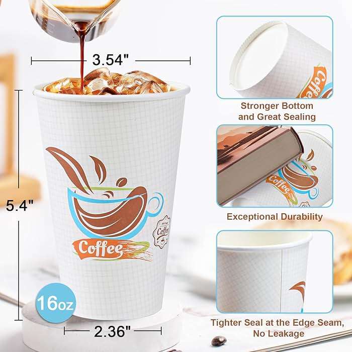 Lamosi 180 Pack 16 oz Coffee Cups, Paper Coffee Cups, Disposable Leakproof Cup for Cold Drinks or Hot Beverages - Image 3