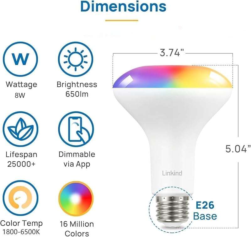 Linkind Matter Smart Light Bulb, BR30 Smart Bulbs, Recessed LED Color Changing Light Bulbs RGBTW, E26 Smart Flood Light Bulbs 650LM 60W Work with Alexa, Apple Home, Google Home, SmartThings, 4Pack - Image 8