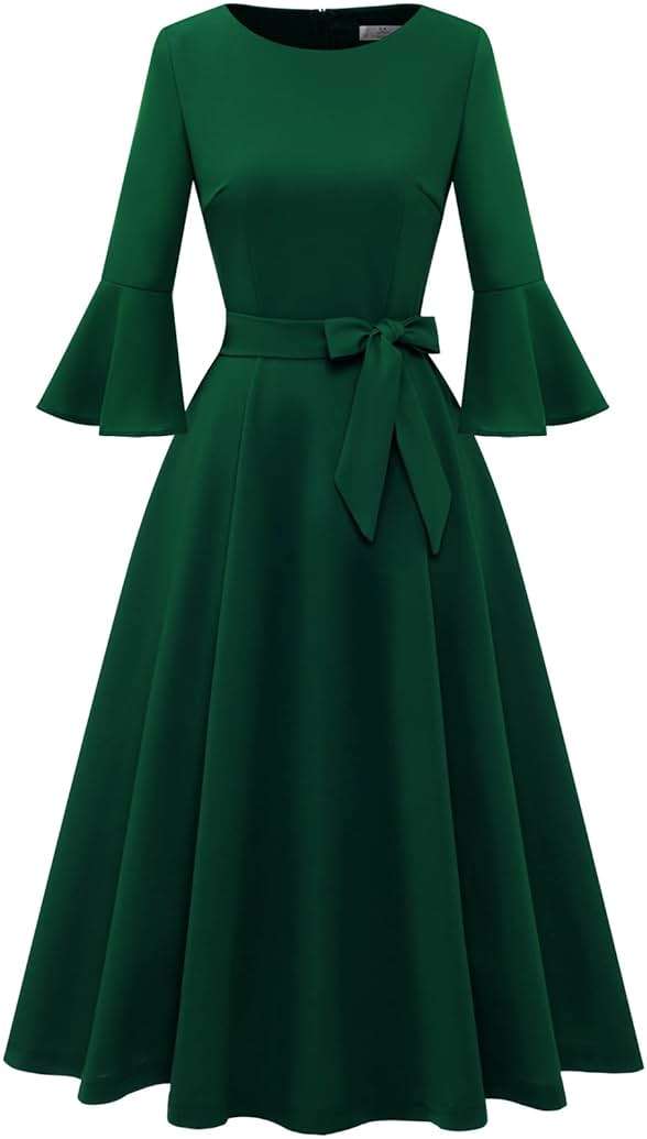 HomRain Women's Church Dresses Modest Bell Sleeve Wedding Guest Cocktail Tea Party Vintage Evening Dress - Image 1