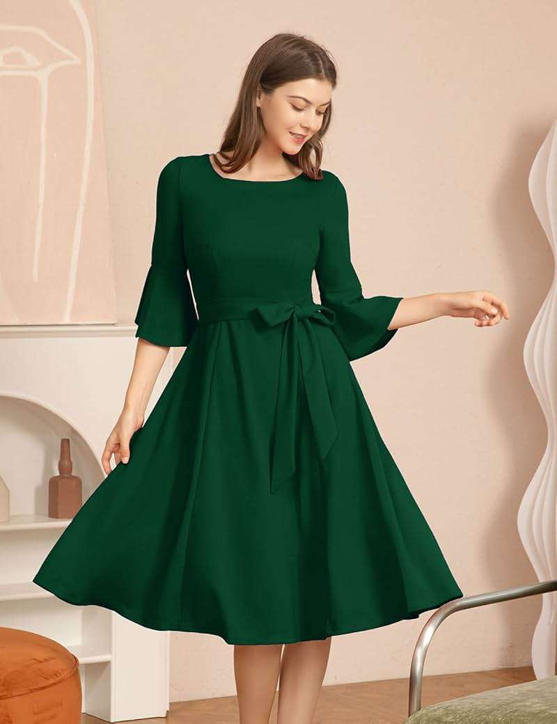 HomRain Women's Church Dresses Modest Bell Sleeve Wedding Guest Cocktail Tea Party Vintage Evening Dress - Image 2
