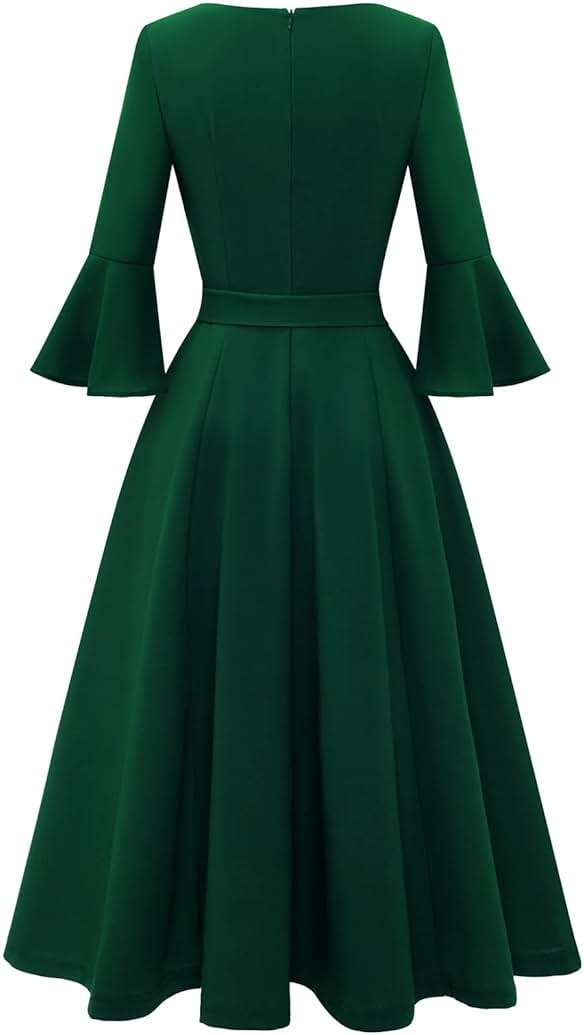 HomRain Women's Church Dresses Modest Bell Sleeve Wedding Guest Cocktail Tea Party Vintage Evening Dress - Image 3
