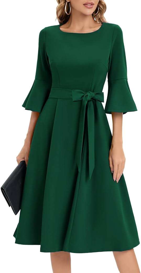 HomRain Women's Church Dresses Modest Bell Sleeve Wedding Guest Cocktail Tea Party Vintage Evening Dress - Image 6