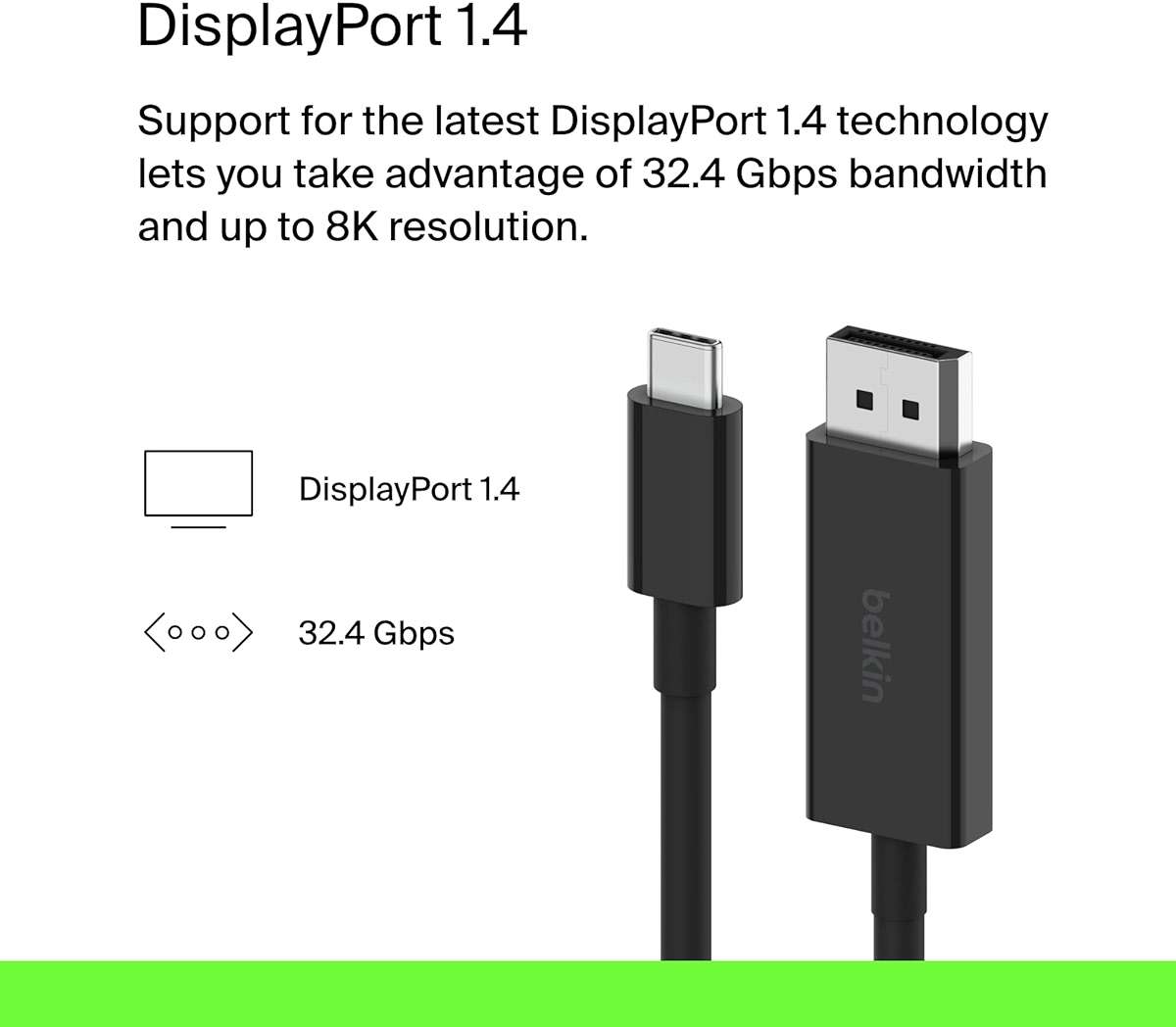 Belkin USB Type C to DisplayPort 1.4 Cable 6.6ft/2m, 32.4Gbps, 8K@60Hz or 4K@144HZ, with HBR3, DSC, HDCP 2.2, DP Alt Mode, Backwards Compatible, Works with Windows, MacOS, iPadOS, Android, and More - Image 2