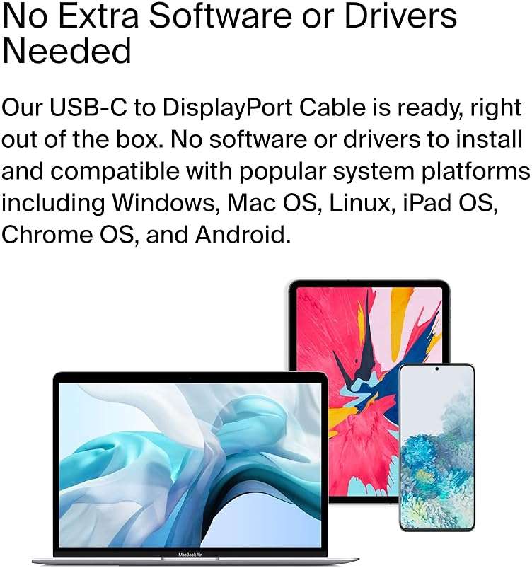 Belkin USB Type C to DisplayPort 1.4 Cable 6.6ft/2m, 32.4Gbps, 8K@60Hz or 4K@144HZ, with HBR3, DSC, HDCP 2.2, DP Alt Mode, Backwards Compatible, Works with Windows, MacOS, iPadOS, Android, and More - Image 5