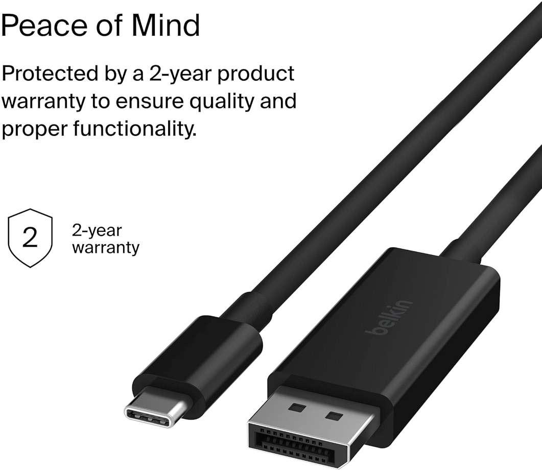Belkin USB Type C to DisplayPort 1.4 Cable 6.6ft/2m, 32.4Gbps, 8K@60Hz or 4K@144HZ, with HBR3, DSC, HDCP 2.2, DP Alt Mode, Backwards Compatible, Works with Windows, MacOS, iPadOS, Android, and More - Image 6