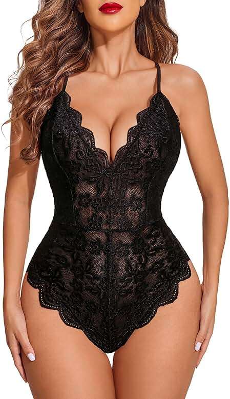 Avidlove Sexy Lingerie for Women Deep V Teddy Sheer Lace Bodysuit Snap Crotch One Piece Babydoll - Image 1