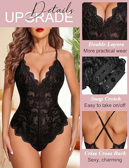 Avidlove Sexy Lingerie for Women Deep V Teddy Sheer Lace Bodysuit Snap Crotch One Piece Babydoll - Image 2