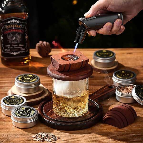 Whiskey Smoker Kit with Torch - 6 Flavors Wood Chips, 2 Glasses, 2 Ice Ball Molds - Cocktail Smoker Infuser Kit, Old Fashioned Drink Smoker Kit, Birthday Bourbon Whiskey Gifts for Men,Dad(NO Butane) - Image 2