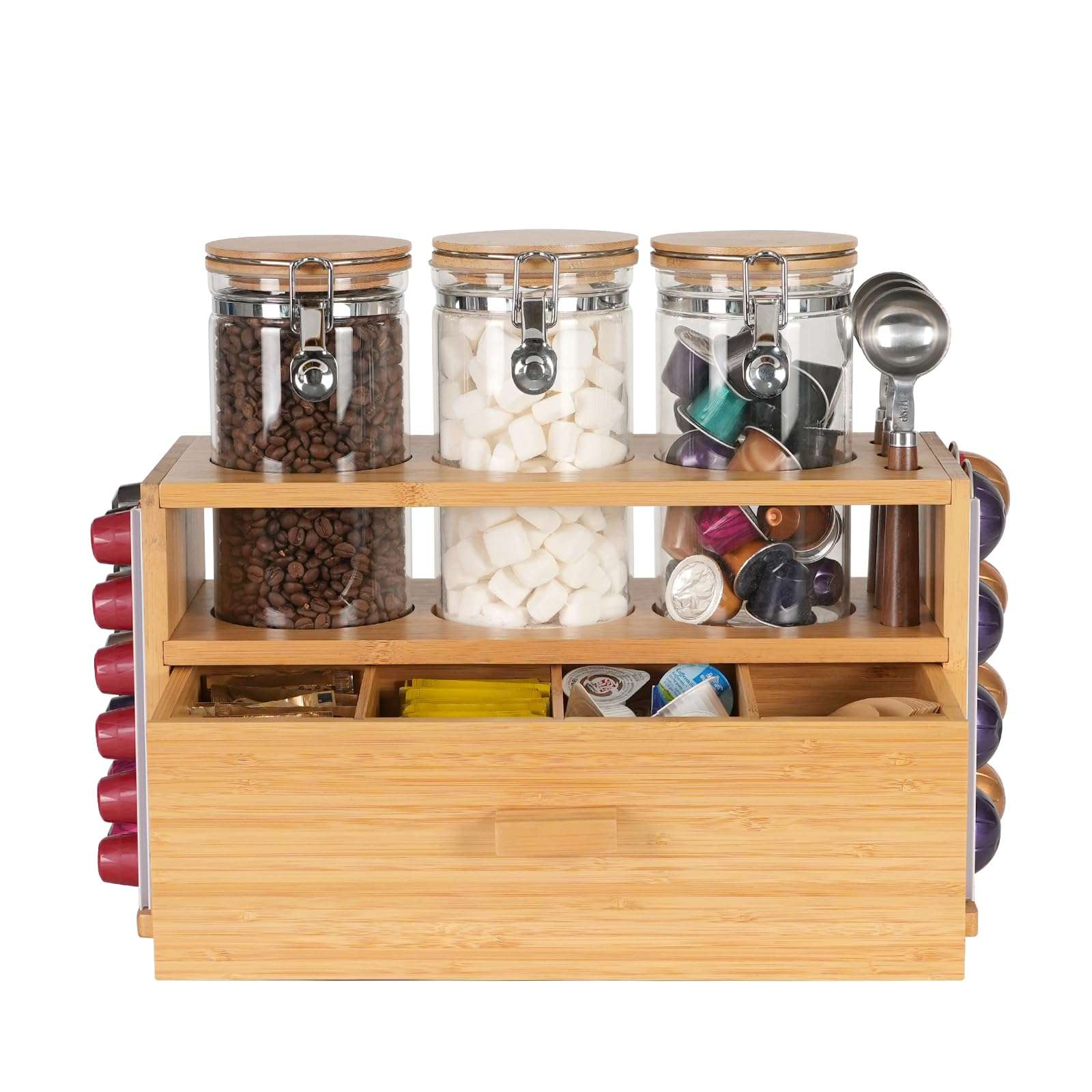 KKC HOME ACCENTS Bamboo Countertop Tea & Coffee Organizer with Airtight Glass Containers and Tea Bags Drawer - Image 1