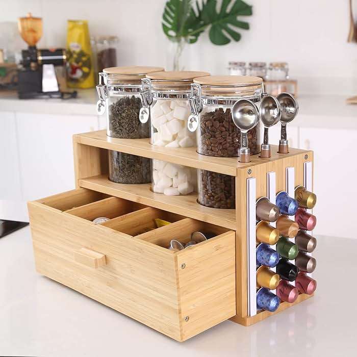 KKC HOME ACCENTS Bamboo Countertop Tea & Coffee Organizer with Airtight Glass Containers and Tea Bags Drawer - Image 2