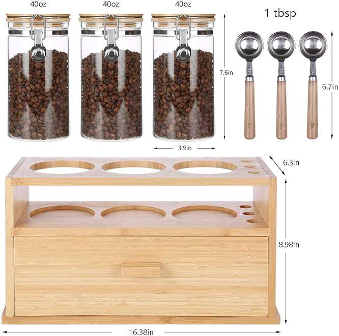 KKC HOME ACCENTS Bamboo Countertop Tea & Coffee Organizer with Airtight Glass Containers and Tea Bags Drawer - Image 3
