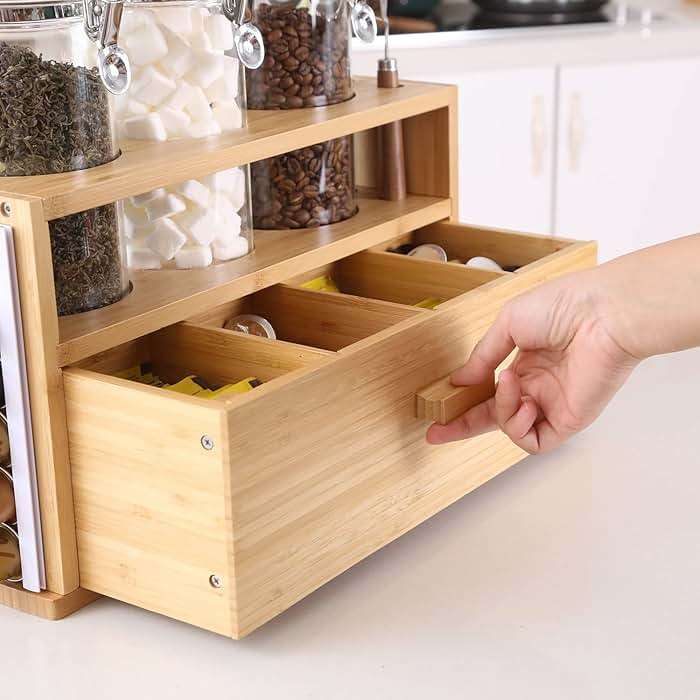 KKC HOME ACCENTS Bamboo Countertop Tea & Coffee Organizer with Airtight Glass Containers and Tea Bags Drawer - Image 5