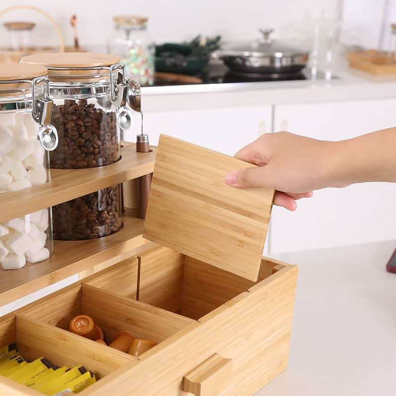 KKC HOME ACCENTS Bamboo Countertop Tea & Coffee Organizer with Airtight Glass Containers and Tea Bags Drawer - Image 6