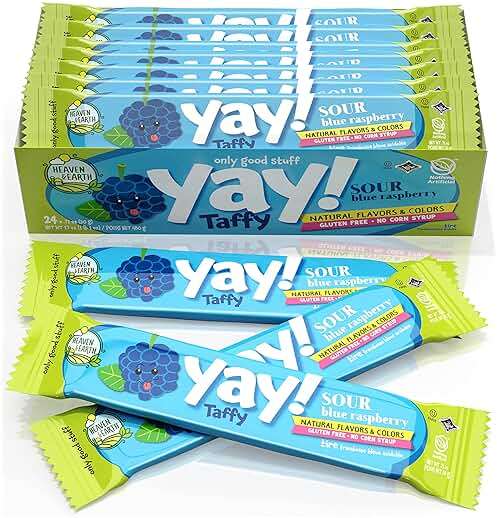 Heaven & Earth Sour Blue Raspberry Yay Taffy (24 Pack) | Dye Free | Natural Colors & Flavors | No High Fructose Corn Syrup | Gluten Free | Kosher | Wonderfully Delicious! - Image 1