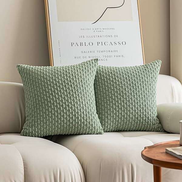 Kevin Textile 2 Packs Spring Decorative Throw Pillow Covers 18x18 Inch for Living Room Couch Bed Spring Sofa Soft Striped Corduroy Square Cushion Case 45x45 cm Farmhouse Boho Home Decor Sage Green - Image 1