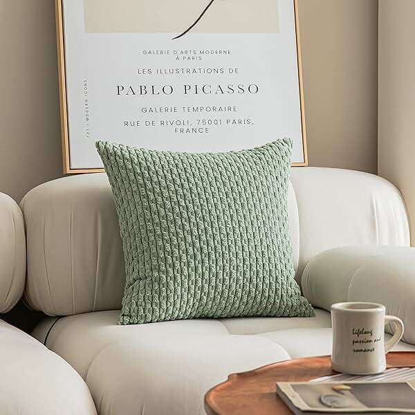 Kevin Textile 2 Packs Spring Decorative Throw Pillow Covers 18x18 Inch for Living Room Couch Bed Spring Sofa Soft Striped Corduroy Square Cushion Case 45x45 cm Farmhouse Boho Home Decor Sage Green - Image 2