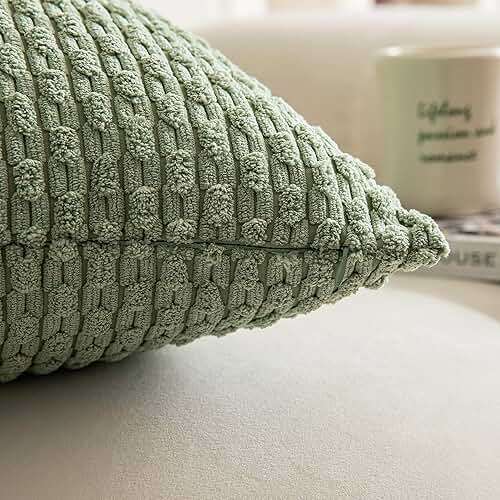 Kevin Textile 2 Packs Spring Decorative Throw Pillow Covers 18x18 Inch for Living Room Couch Bed Spring Sofa Soft Striped Corduroy Square Cushion Case 45x45 cm Farmhouse Boho Home Decor Sage Green - Image 3