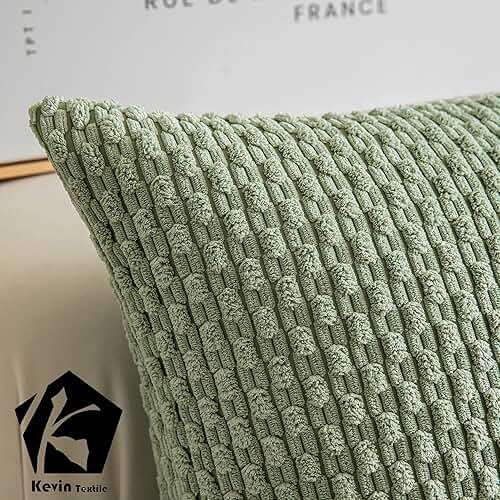 Kevin Textile 2 Packs Spring Decorative Throw Pillow Covers 18x18 Inch for Living Room Couch Bed Spring Sofa Soft Striped Corduroy Square Cushion Case 45x45 cm Farmhouse Boho Home Decor Sage Green - Image 4