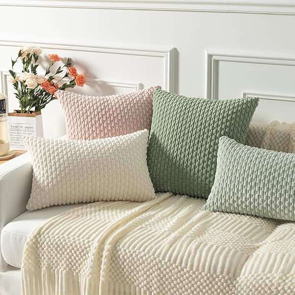 Kevin Textile 2 Packs Spring Decorative Throw Pillow Covers 18x18 Inch for Living Room Couch Bed Spring Sofa Soft Striped Corduroy Square Cushion Case 45x45 cm Farmhouse Boho Home Decor Sage Green - Image 5