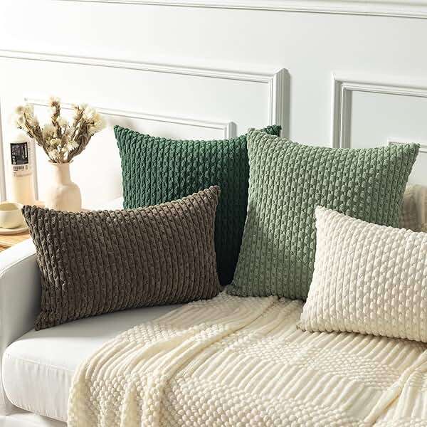 Kevin Textile 2 Packs Spring Decorative Throw Pillow Covers 18x18 Inch for Living Room Couch Bed Spring Sofa Soft Striped Corduroy Square Cushion Case 45x45 cm Farmhouse Boho Home Decor Sage Green - Image 6