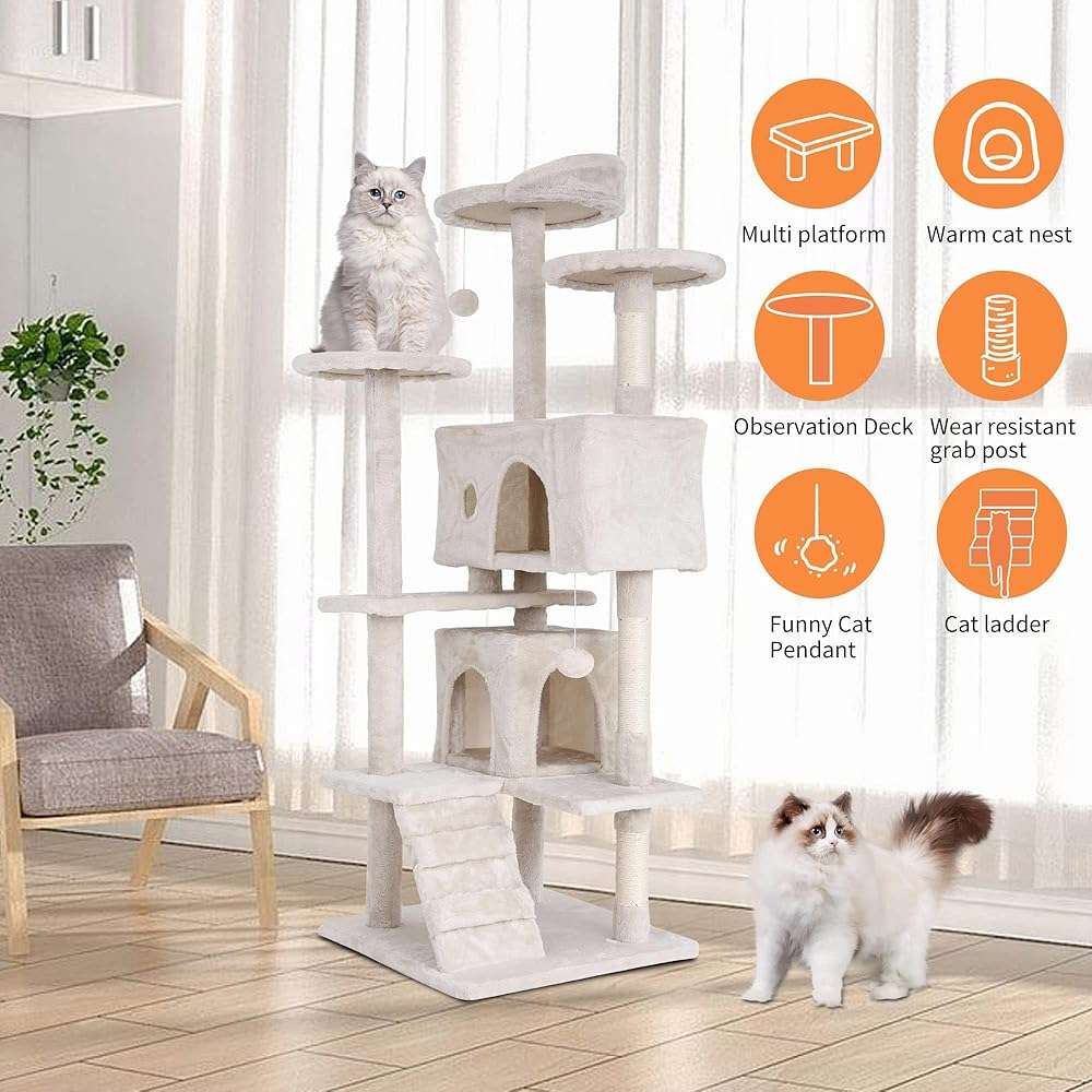 GINMAON Cat Tree for Indoor Cats, Multi-Level Cat Tower with Scratching Posts & Cozy Condo, Space Saving Cat Activity Center, Durable Pet Play House (54in,Beige) - Image 2