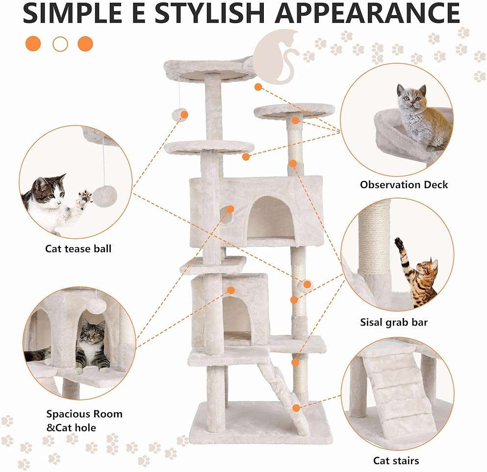 GINMAON Cat Tree for Indoor Cats, Multi-Level Cat Tower with Scratching Posts & Cozy Condo, Space Saving Cat Activity Center, Durable Pet Play House (54in,Beige) - Image 3