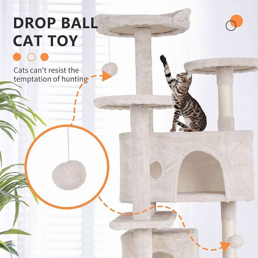 GINMAON Cat Tree for Indoor Cats, Multi-Level Cat Tower with Scratching Posts & Cozy Condo, Space Saving Cat Activity Center, Durable Pet Play House (54in,Beige) - Image 5