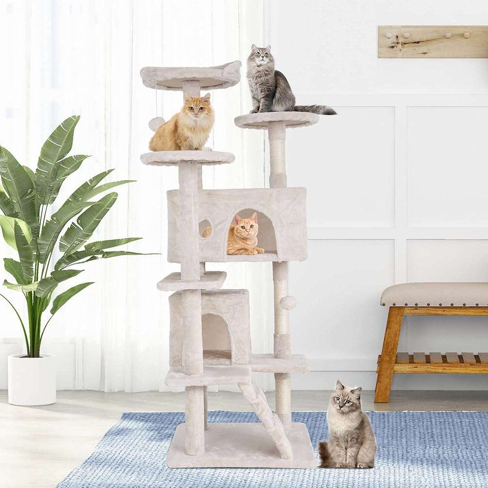 GINMAON Cat Tree for Indoor Cats, Multi-Level Cat Tower with Scratching Posts & Cozy Condo, Space Saving Cat Activity Center, Durable Pet Play House (54in,Beige) - Image 7