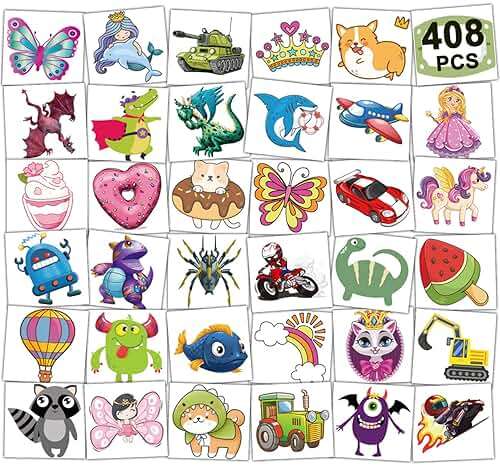 CHARLENT 408 PCS Individually Wrapped Temporary Tattoos for Kids - Mixed Tattoos for Kids Birthday Party Favors Goodie Bag Fillers - Image 1
