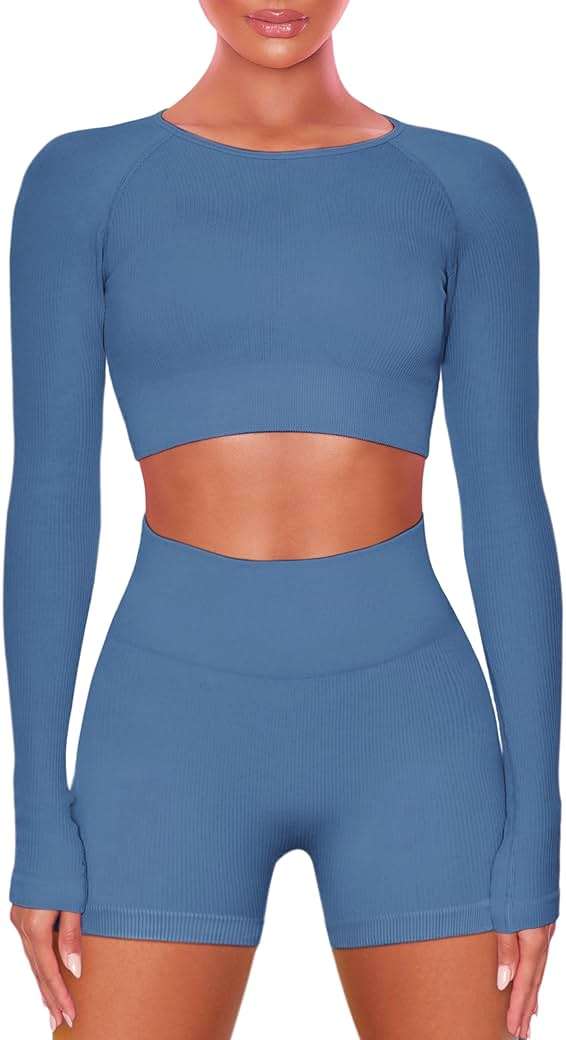 Buttergene Women Workout Sets 2 Pieces Long Sleeve Yoga Outfits Gym Clothes Seamless Ribbed Crop Top High Waist Leggings - Image 1