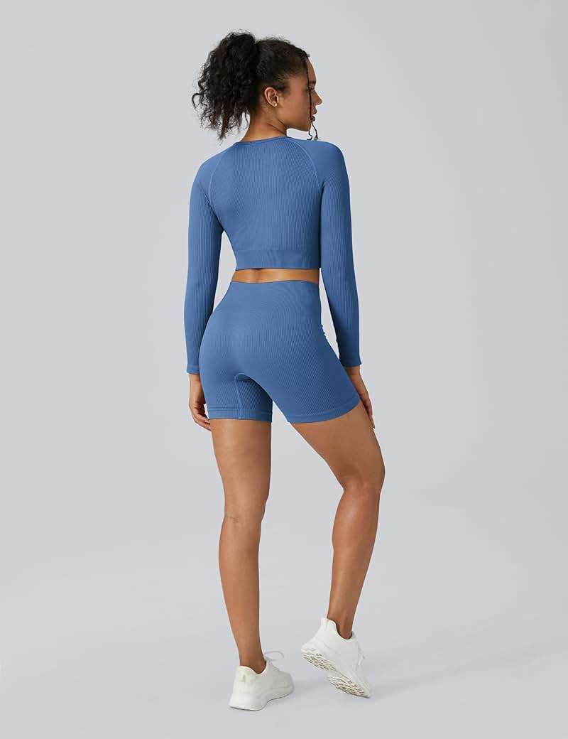 Buttergene Women Workout Sets 2 Pieces Long Sleeve Yoga Outfits Gym Clothes Seamless Ribbed Crop Top High Waist Leggings - Image 4