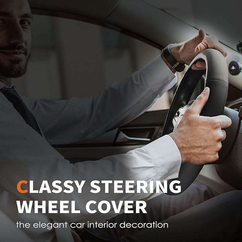 HOTOR Car Steering Wheel Cover - Universal Car Accessory for Diverse Cars, Leather Cover with Anti-Slip Lining, for Steering Wheel with a Diameter of 14.5"-15",Black - Image 7