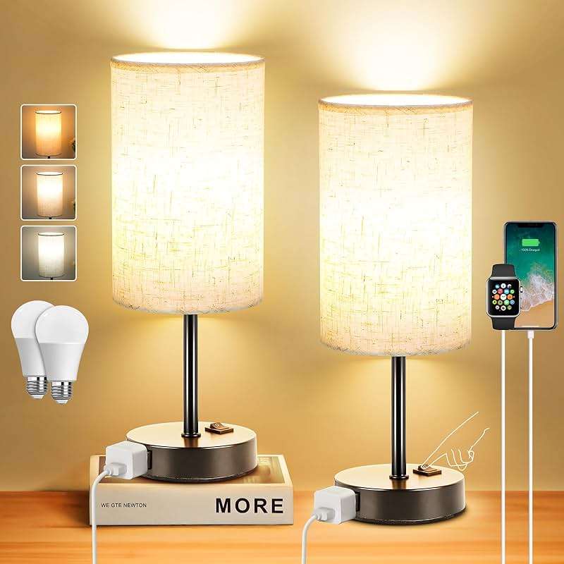 ZJOJO Table Lamp for Bedroom Set of 2, Bedside Small Lamps with 3 Way Dimmable Rocker Switch and AC Outlet, Nightstand Desk Lamp with Flaxen Fabric Shade Black Base for Living Room Home Decor Lights - Image 1