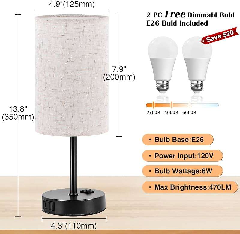 ZJOJO Table Lamp for Bedroom Set of 2, Bedside Small Lamps with 3 Way Dimmable Rocker Switch and AC Outlet, Nightstand Desk Lamp with Flaxen Fabric Shade Black Base for Living Room Home Decor Lights - Image 2