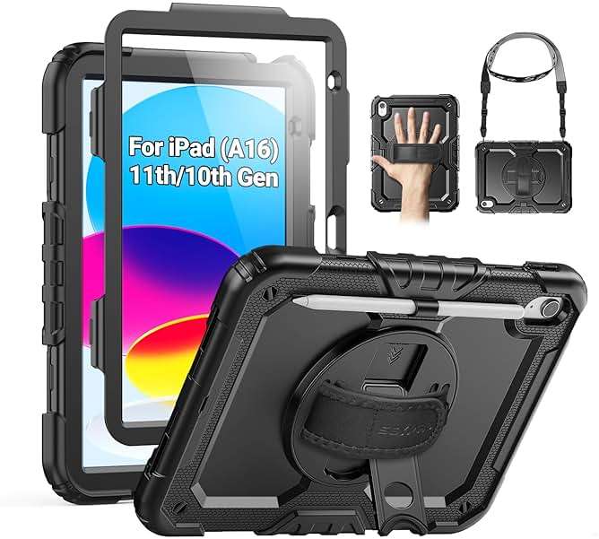 SEYMAC Case for iPad (A16) 11th/10th Generation 2025/2022 (11″/10.9″), Sturdy Heavy Duty Full-Body Shockproof Protective Case with Screen Protector, Rotating Stand, Hand/Shoulder Strap, Black - Image 1
