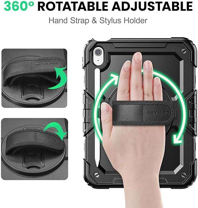 SEYMAC Case for iPad (A16) 11th/10th Generation 2025/2022 (11″/10.9″), Sturdy Heavy Duty Full-Body Shockproof Protective Case with Screen Protector, Rotating Stand, Hand/Shoulder Strap, Black - Image 3