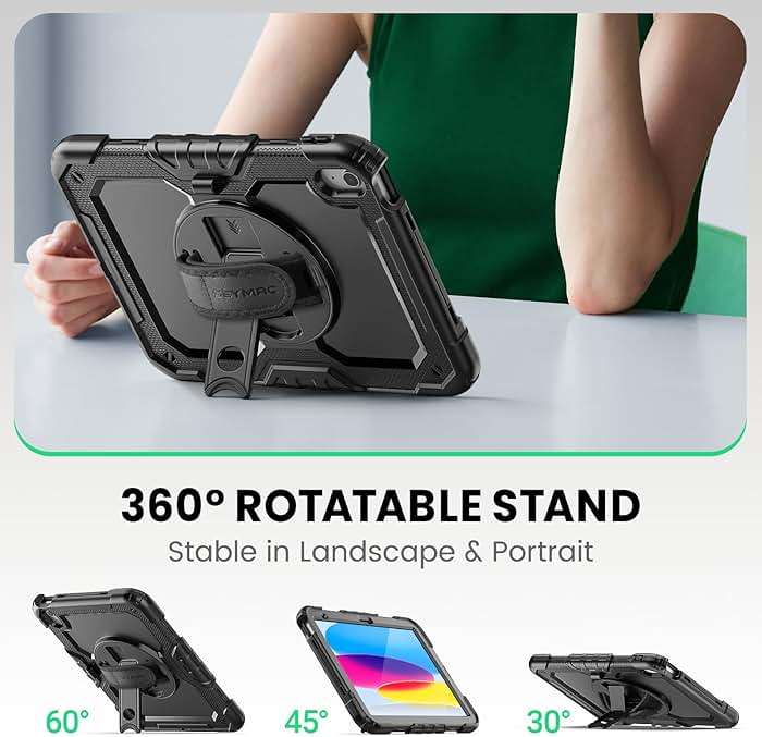 SEYMAC Case for iPad (A16) 11th/10th Generation 2025/2022 (11″/10.9″), Sturdy Heavy Duty Full-Body Shockproof Protective Case with Screen Protector, Rotating Stand, Hand/Shoulder Strap, Black - Image 4