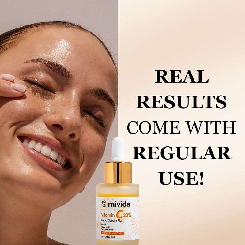 mivida 20% Vitamin C Serum for Face, Anti-Aging & Brightening Serum | W/Hyaluronic & Ferulic Acid, Vit E | Reduces Wrinkles, Fine Lines, Dark Spots & Hyperpigmentation, Maximum Strength Formula, 1floz - Image 4