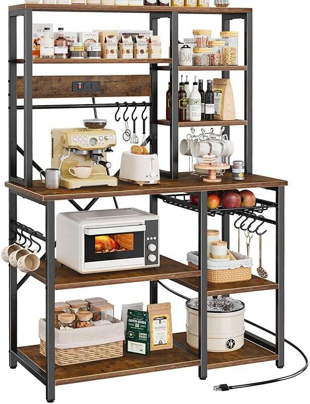 SUPERJARE Large Bakers Rack with Power Outlets, 6-Tier Microwave Stand, Coffee Bar with 12 S-Shaped Hooks, Kitchen Shelf with Wire Basket, 39.4 x 14.6 x 66.9 Inches, Rustic Brown - Image 1