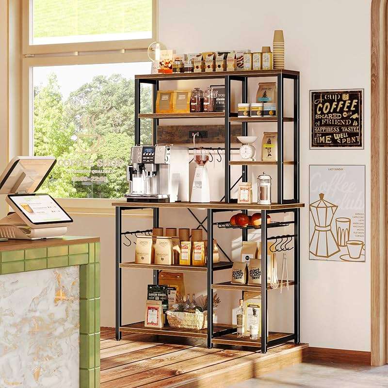 SUPERJARE Large Bakers Rack with Power Outlets, 6-Tier Microwave Stand, Coffee Bar with 12 S-Shaped Hooks, Kitchen Shelf with Wire Basket, 39.4 x 14.6 x 66.9 Inches, Rustic Brown - Image 2