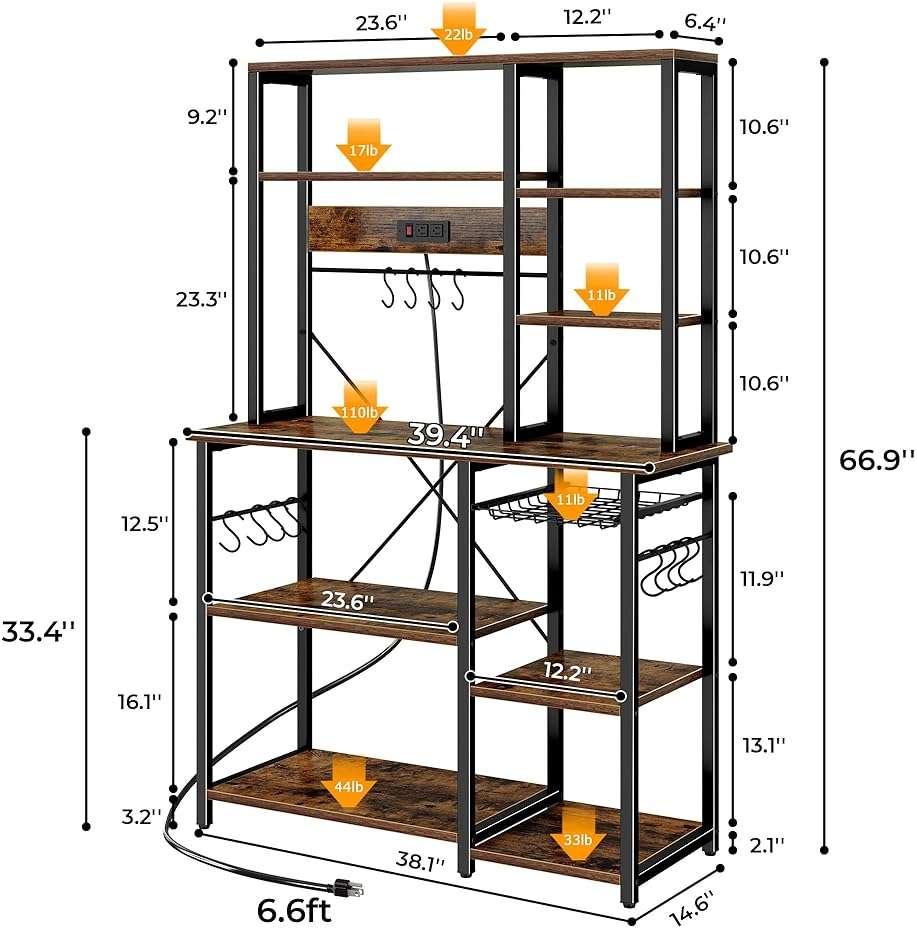 SUPERJARE Large Bakers Rack with Power Outlets, 6-Tier Microwave Stand, Coffee Bar with 12 S-Shaped Hooks, Kitchen Shelf with Wire Basket, 39.4 x 14.6 x 66.9 Inches, Rustic Brown - Image 3