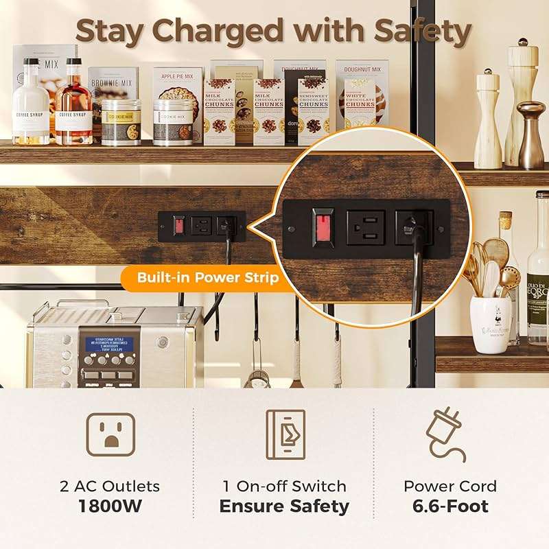 SUPERJARE Large Bakers Rack with Power Outlets, 6-Tier Microwave Stand, Coffee Bar with 12 S-Shaped Hooks, Kitchen Shelf with Wire Basket, 39.4 x 14.6 x 66.9 Inches, Rustic Brown - Image 4