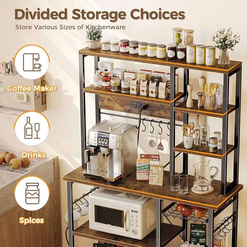 SUPERJARE Large Bakers Rack with Power Outlets, 6-Tier Microwave Stand, Coffee Bar with 12 S-Shaped Hooks, Kitchen Shelf with Wire Basket, 39.4 x 14.6 x 66.9 Inches, Rustic Brown - Image 5