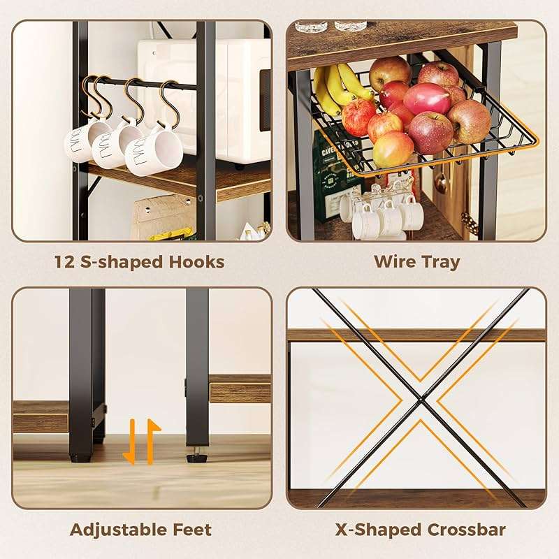 SUPERJARE Large Bakers Rack with Power Outlets, 6-Tier Microwave Stand, Coffee Bar with 12 S-Shaped Hooks, Kitchen Shelf with Wire Basket, 39.4 x 14.6 x 66.9 Inches, Rustic Brown - Image 6