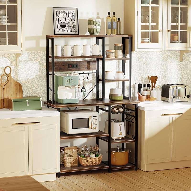 SUPERJARE Large Bakers Rack with Power Outlets, 6-Tier Microwave Stand, Coffee Bar with 12 S-Shaped Hooks, Kitchen Shelf with Wire Basket, 39.4 x 14.6 x 66.9 Inches, Rustic Brown - Image 7
