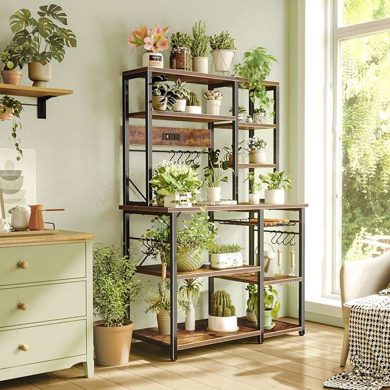 SUPERJARE Large Bakers Rack with Power Outlets, 6-Tier Microwave Stand, Coffee Bar with 12 S-Shaped Hooks, Kitchen Shelf with Wire Basket, 39.4 x 14.6 x 66.9 Inches, Rustic Brown - Image 8