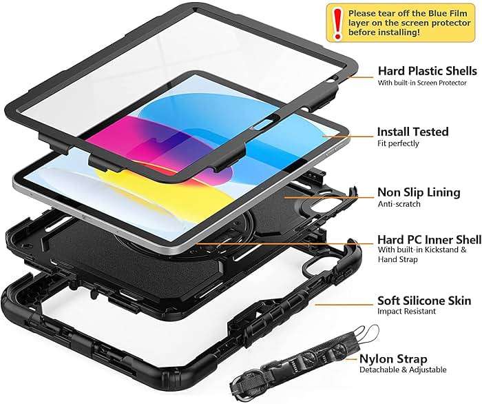 Sibeitu for iPad (A16) 11th/ 10th Generation Heavy Duty Case for Work 10.9 Inch 2025/2022 with Screen Protector, Military Grade Defender Protection, Rugged Shockproof Cover with Stand & Strap, Black - Image 3
