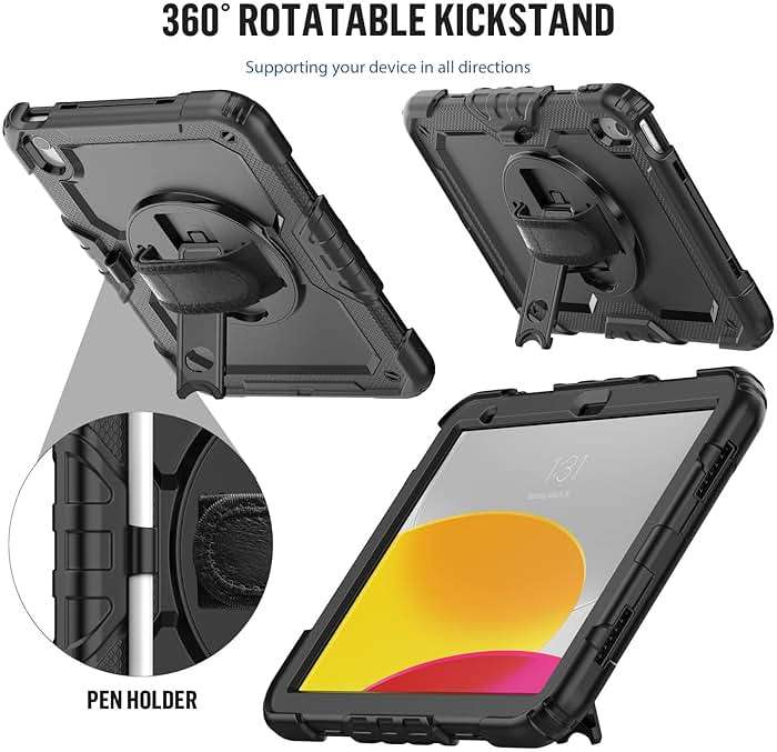 Sibeitu for iPad (A16) 11th/ 10th Generation Heavy Duty Case for Work 10.9 Inch 2025/2022 with Screen Protector, Military Grade Defender Protection, Rugged Shockproof Cover with Stand & Strap, Black - Image 6